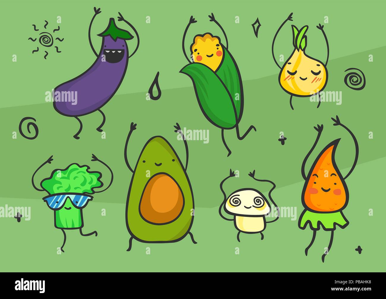 Cute kawaii cartoon vegetables set. Smiling and dancing characters. Healthy  food products: eggplant, corn, onion, broccoli, avocado, mushroom, carrot  Stock Vector Image & Art - Alamy