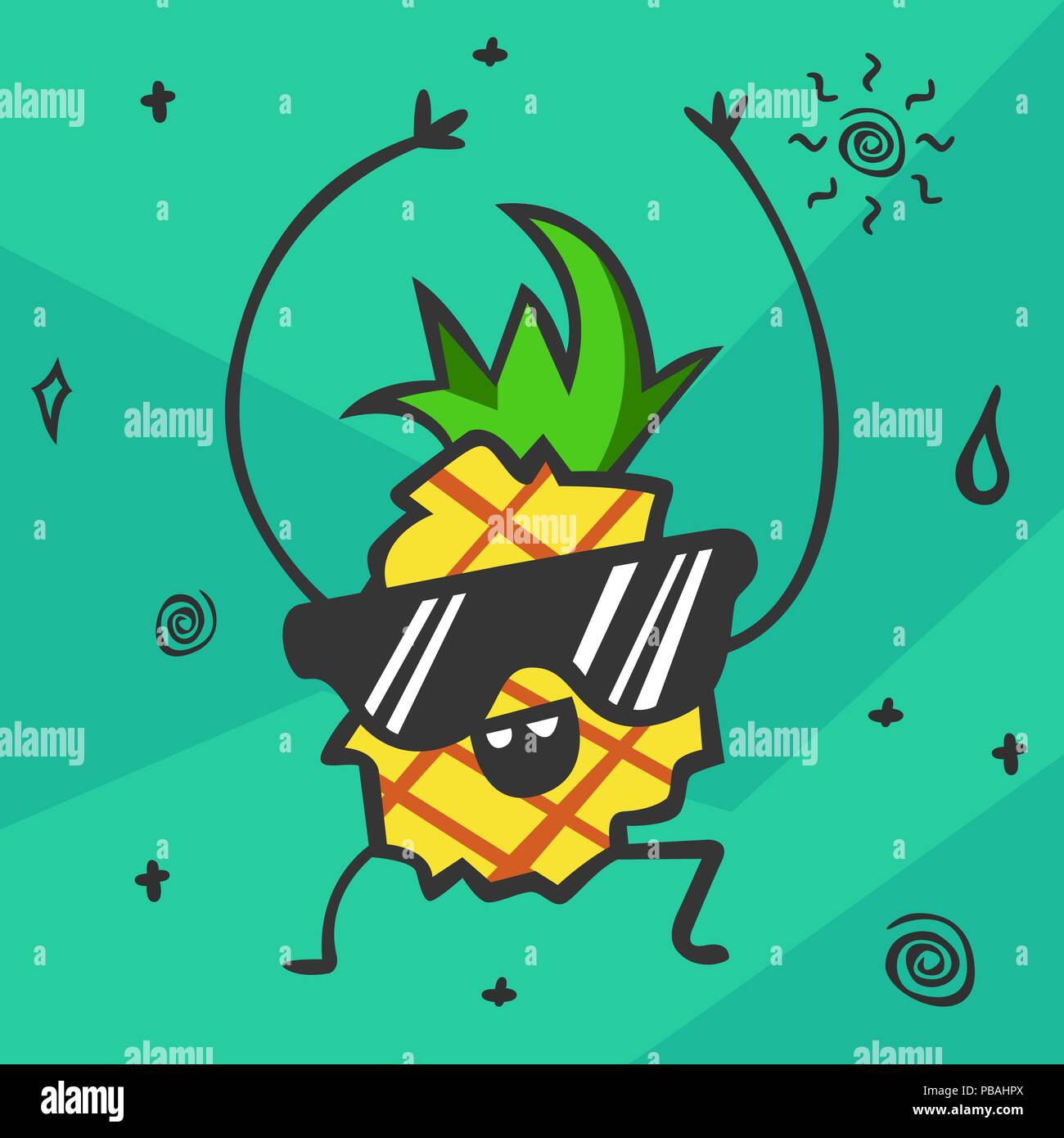 Cute kawaii cartoon pineapple. Smiling and dancing fruit character in