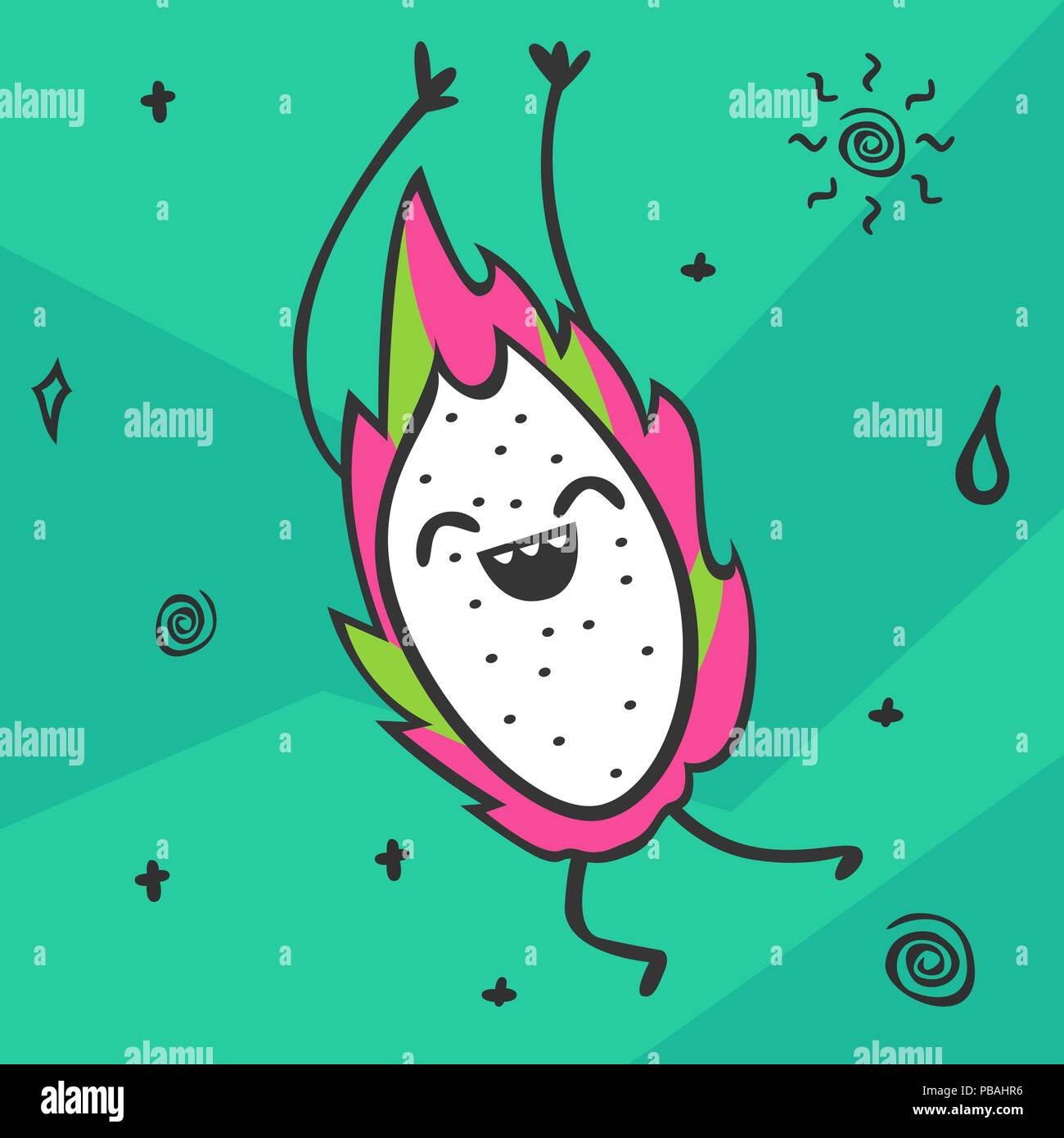 Cute kawaii cartoon Dragon Fruit. Smiling and dancing fruit character