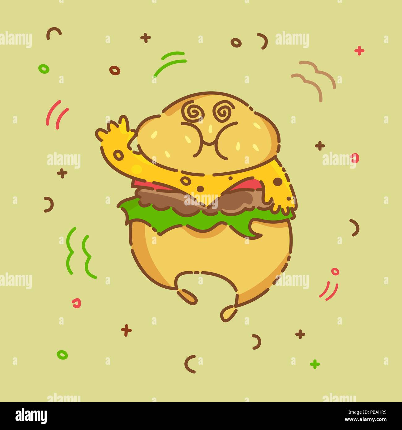 Cute kawaii cartoon hamburger. Flat line design. Fast food character. Vector illustration. Stock Vector