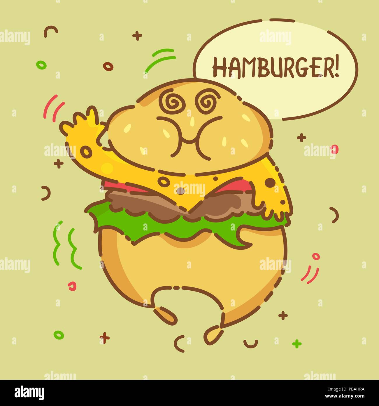 Cute kawaii cartoon hamburger with speech bubble. Flat line design. Fast food character. Vector illustration. Stock Vector