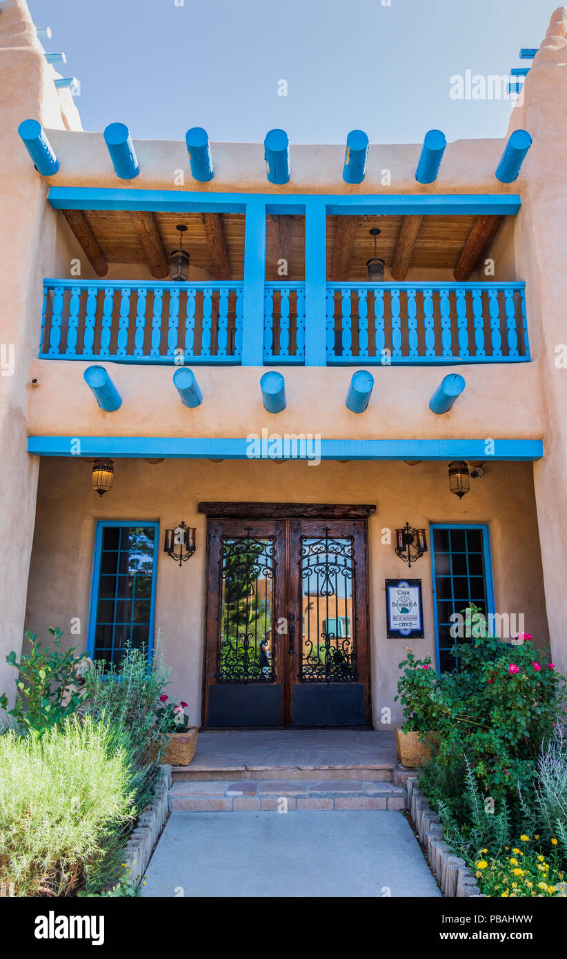 TAOS, NM, USA-8 JULY 18: The details of the front entrance to The Casa Benevides Inn, located on Kit Carson Road, in old Taos, Stock Photo