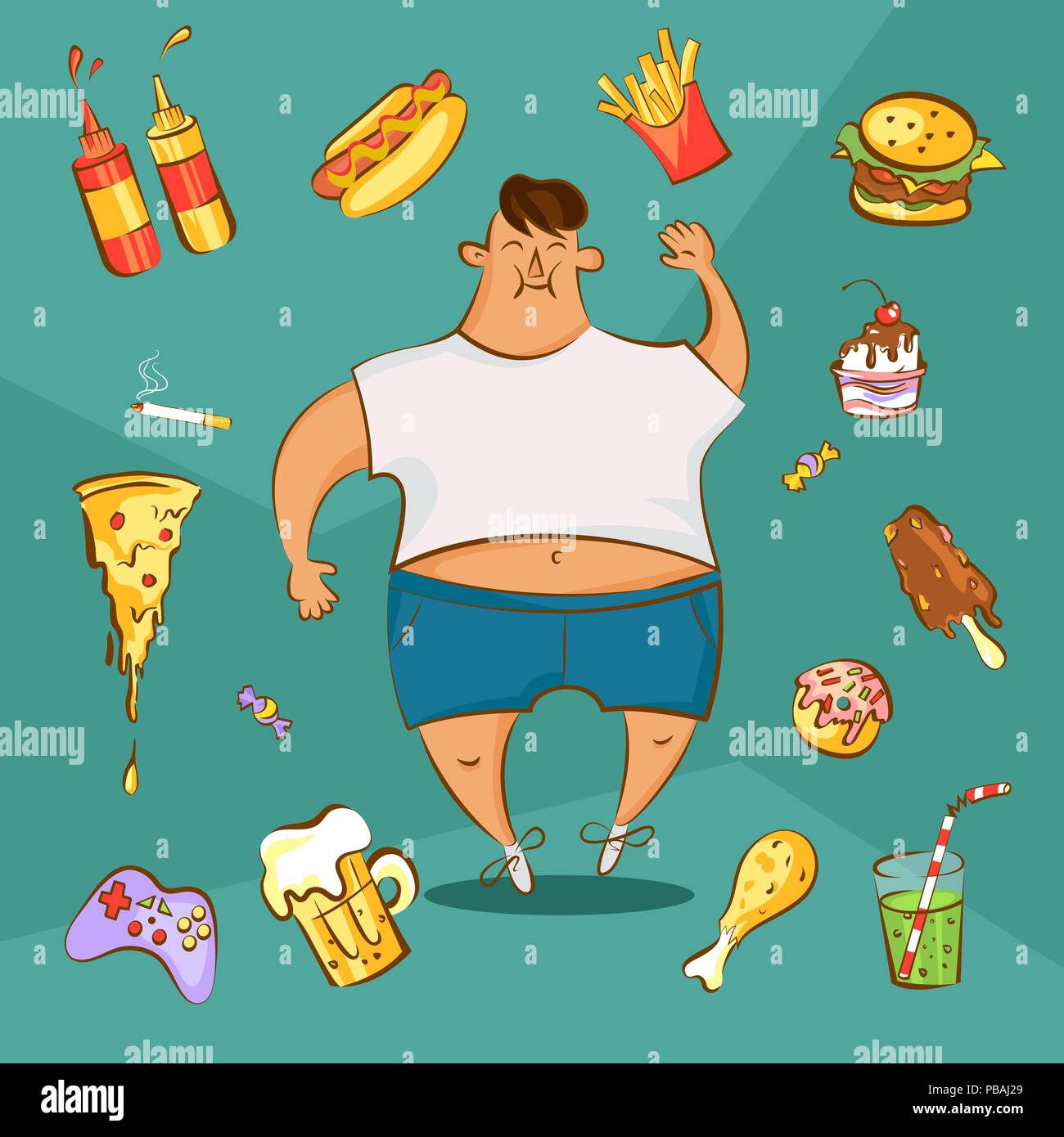 Fast food addiction concept. Unhealthy nutrition conception. Fat man