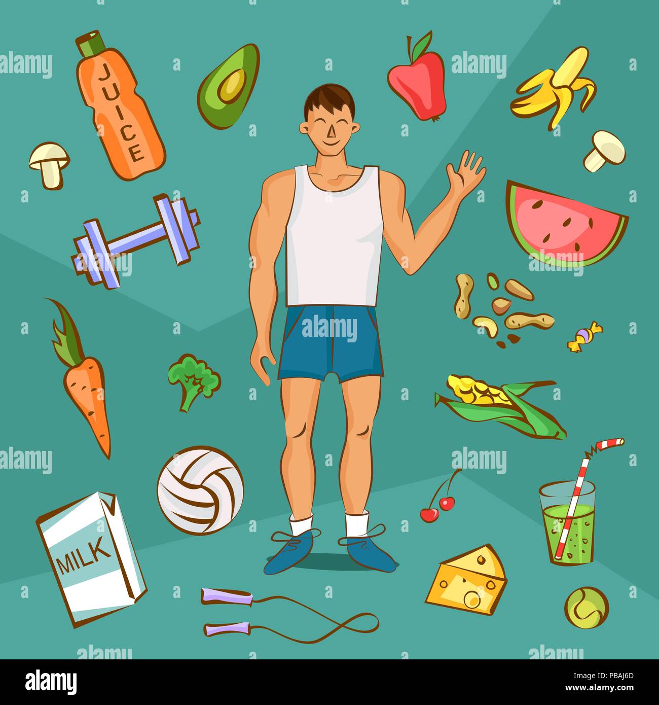 Young man in white shirt with normal body build. Comic cartoon  illustration. Healthy nutrition article layout. Vector character with set  of different Stock Vector Image & Art - Alamy