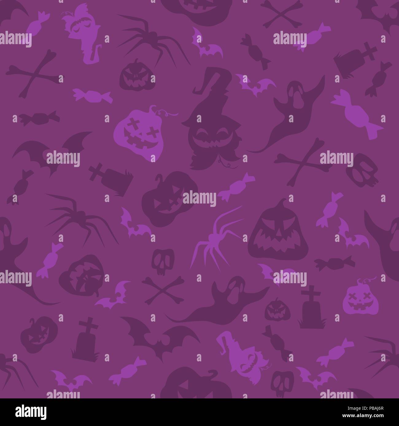 Halloween pumpkins, bones, bats and skulls seamless pattern. Violet vector illustration in cartoon style for holiday poster, banner, brochure, invitat Stock Vector