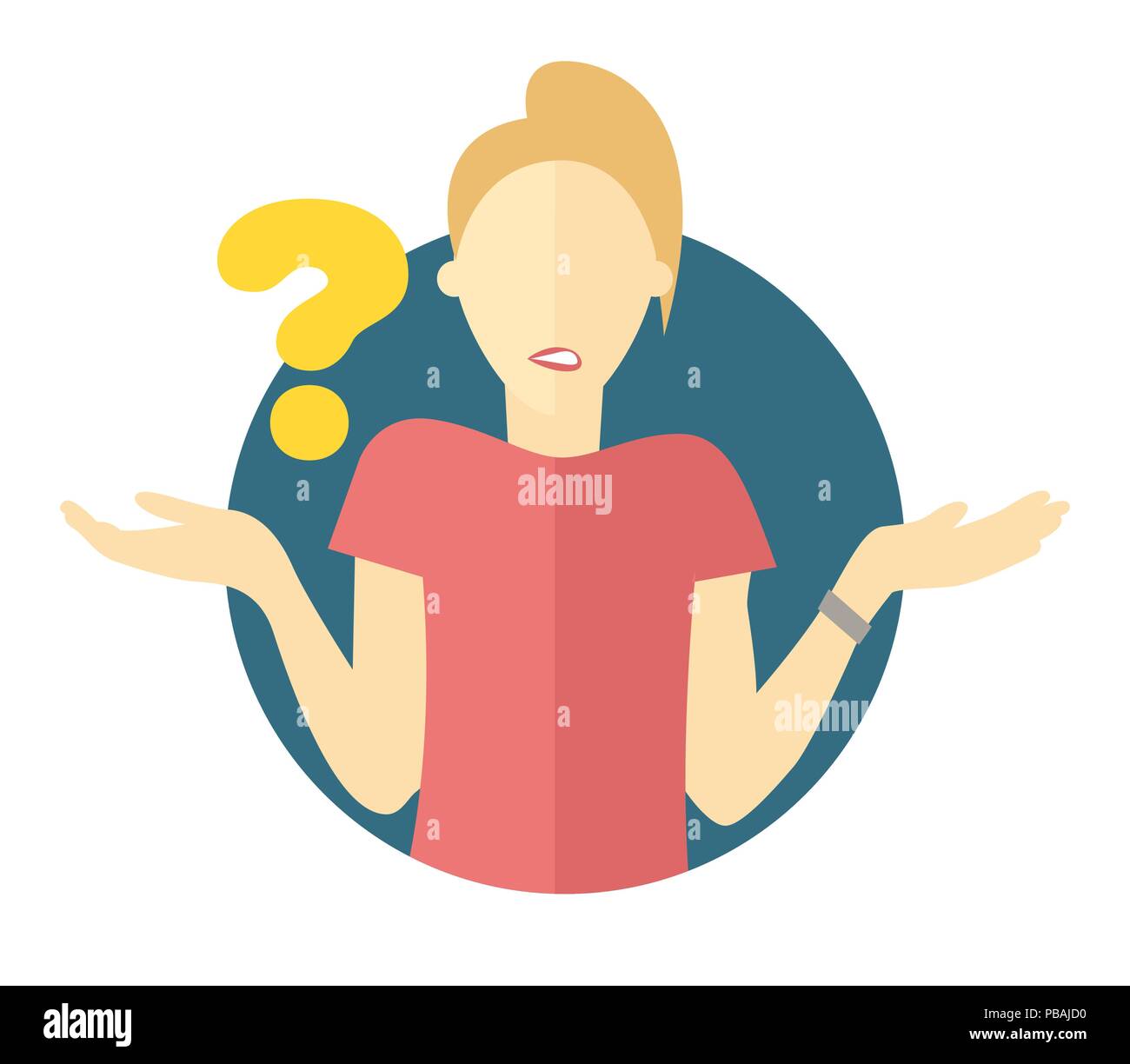 Vector blonde woman with a question mark. Girl doubts. "I don