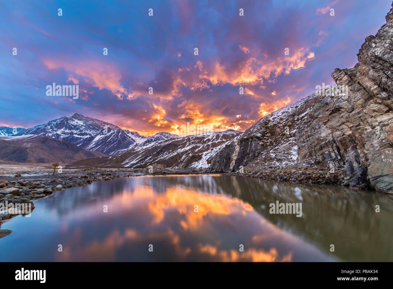 Thermal waters at Termas del Plomo inside Central Andes mountains. Just an amazing view of reflections and colors from the dawn and and an alpine view Stock Photo