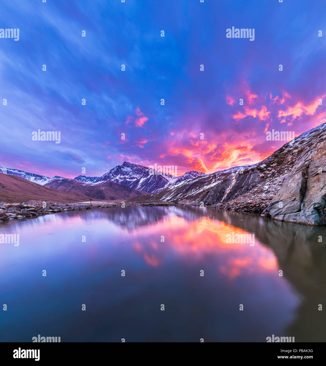 Thermal waters at Termas del Plomo inside Central Andes mountains. Just an amazing view of reflections and colors from the dawn and and an alpine view Stock Photo