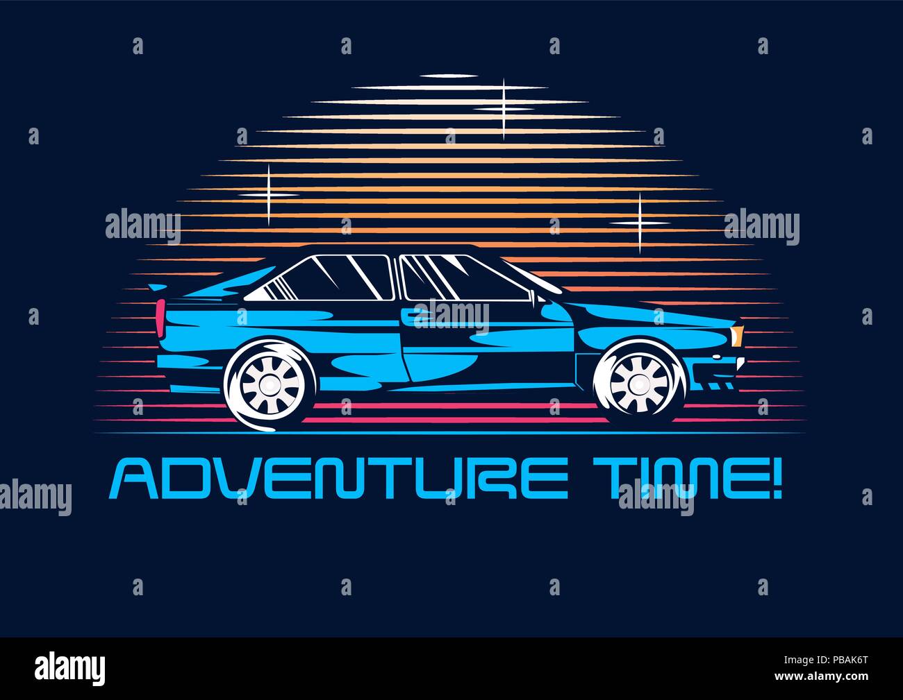 Retro coupe car from 1980 at night. 80s poster stylization. Vector illustration Stock Vector