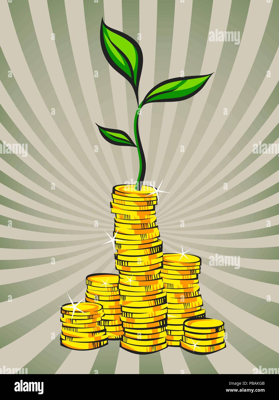 Golden coins stacks with money tree, vector illustration Stock Vector ...