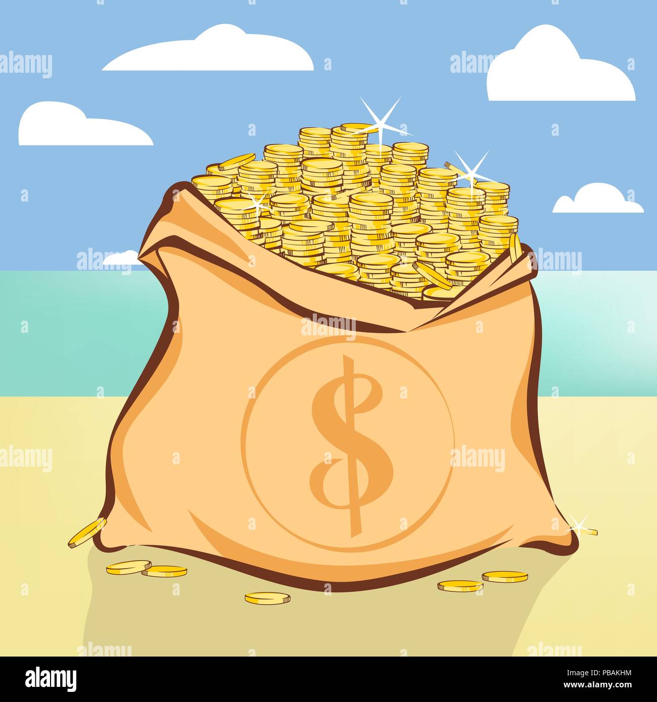 Gold coins treasure on island beach vector illustration Stock Vector