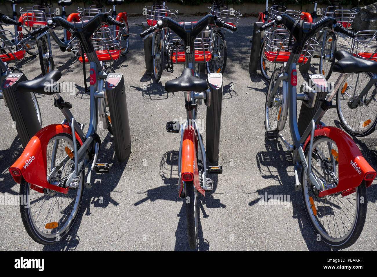 Lyon, France, July 27, 2018: A view shows the brand new Velo'v, as seen in  Lyon, on July 27, 2018. Vélo'v is a bicycle sharing system run by the city  Stock Photo - Alamy
