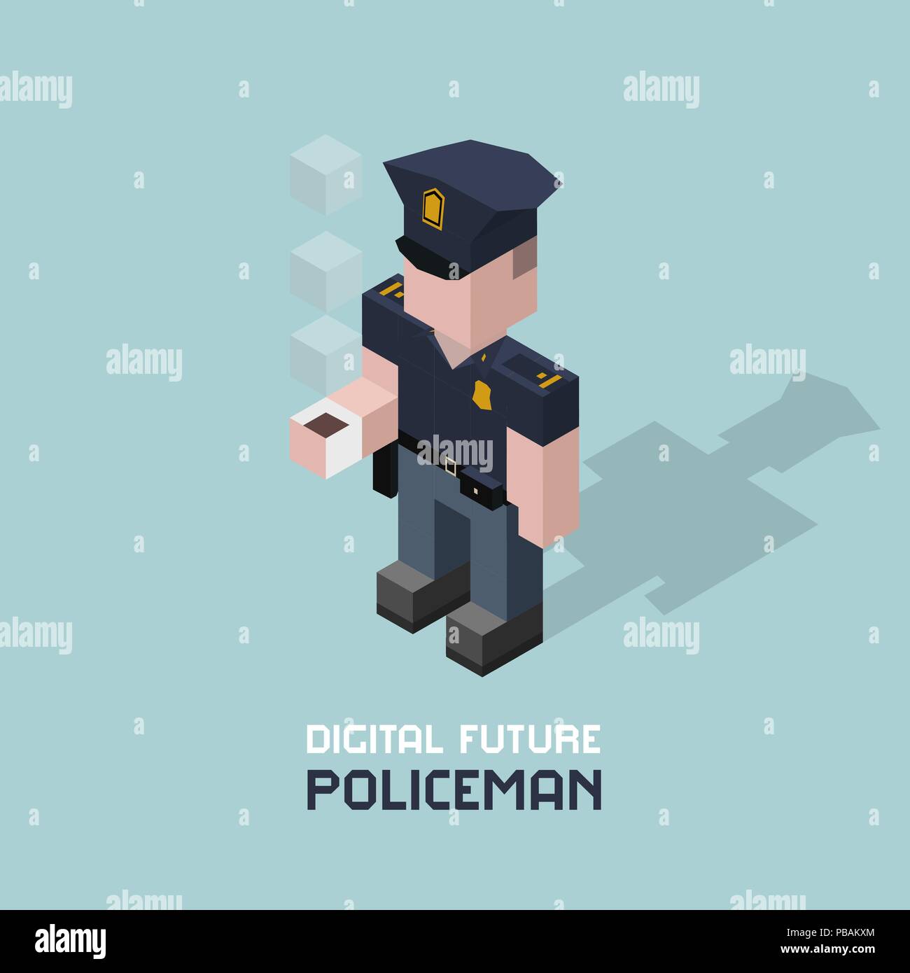 Policeman with coffee. Cubes composition isometric vector illustration of police officer. Cop with cup of coffee Stock Vector