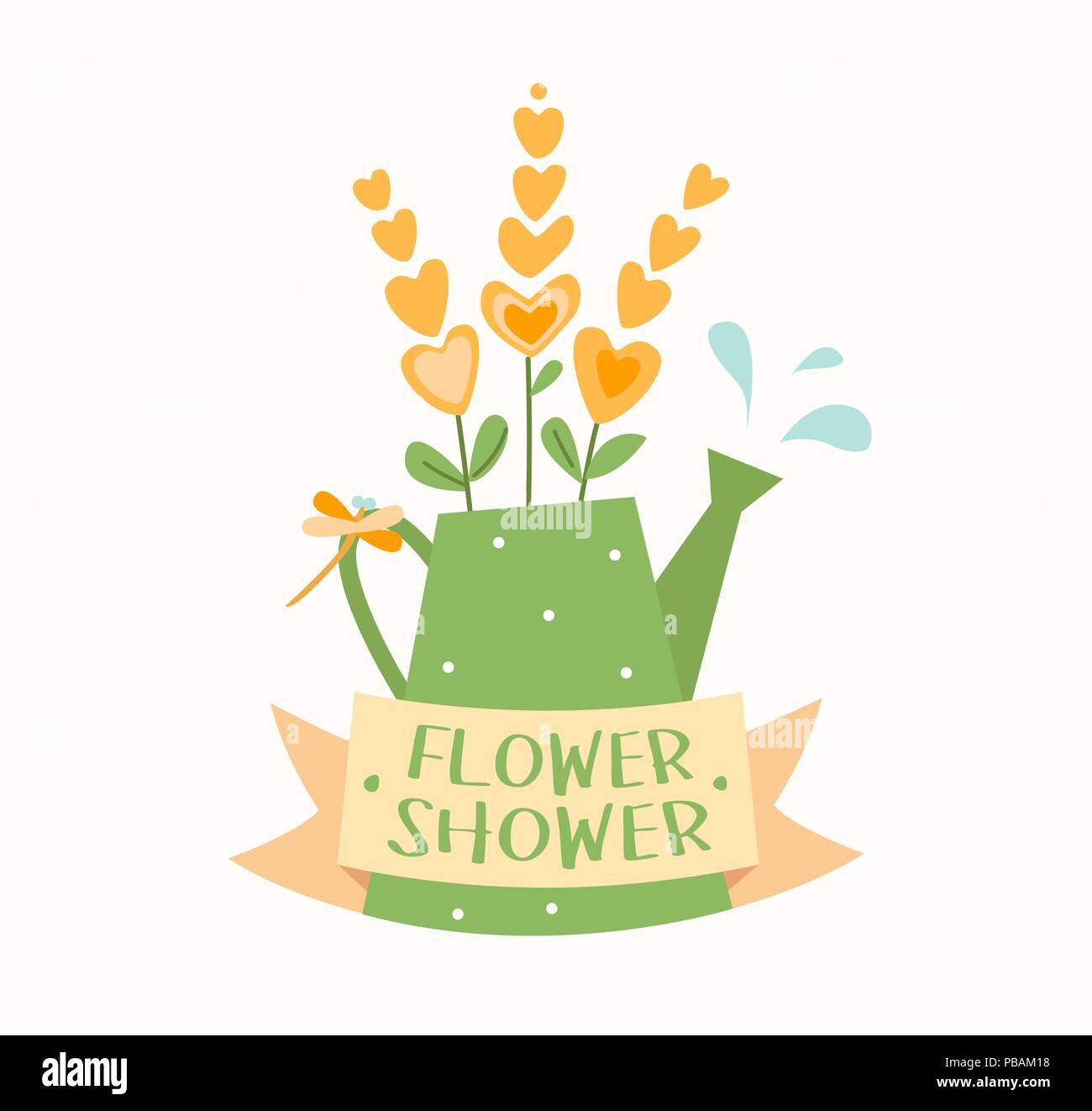 Watering can with flowers, ribbon, dragonfly and water drops, flower