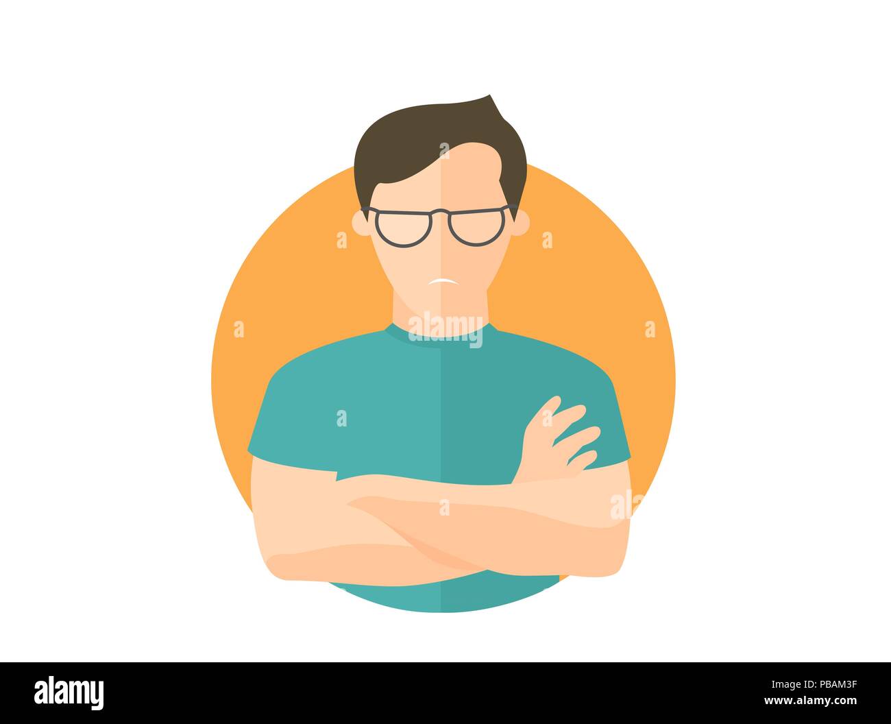 Sullen and gloomy handsome man in glasses, offended guy. Flat design icon. Morose, moody emotion. Simply editable isolated on white vector sign Stock Vector