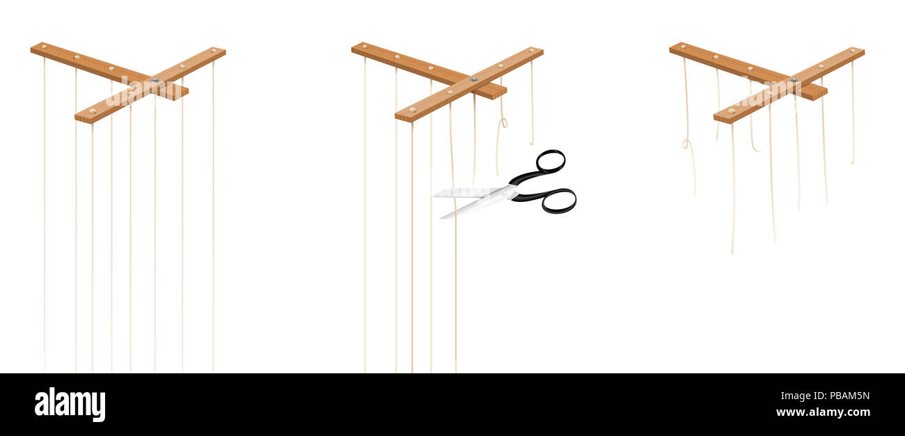 Puppet strings that are cut by scissors in three steps. Stock Photo