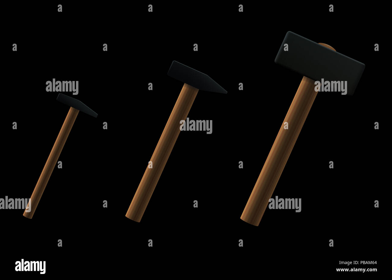 Small, normal and big hammer - illustration on black background. Stock Photo