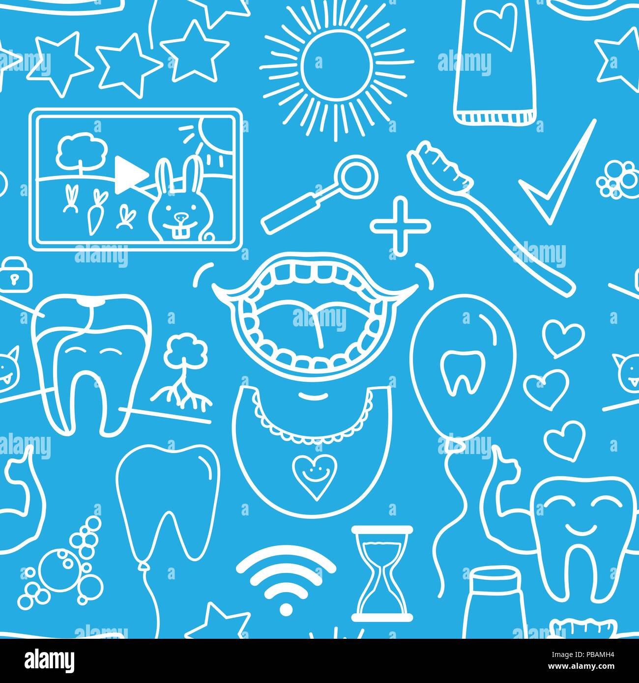 Vector Set Dental care kids symbols. Seamless pattern isolated on blue background. Stock Vector