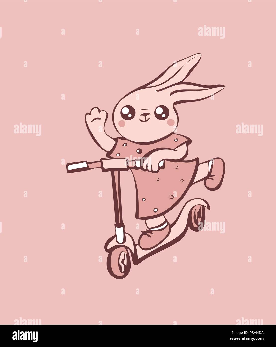Cute cartoon rabbit in dress on scooter vector illustration Stock Vector