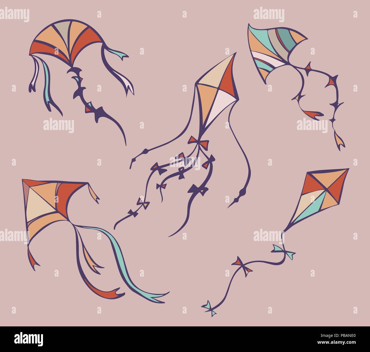 Set of flying kites in cartoon style, vector illustrations Stock Vector