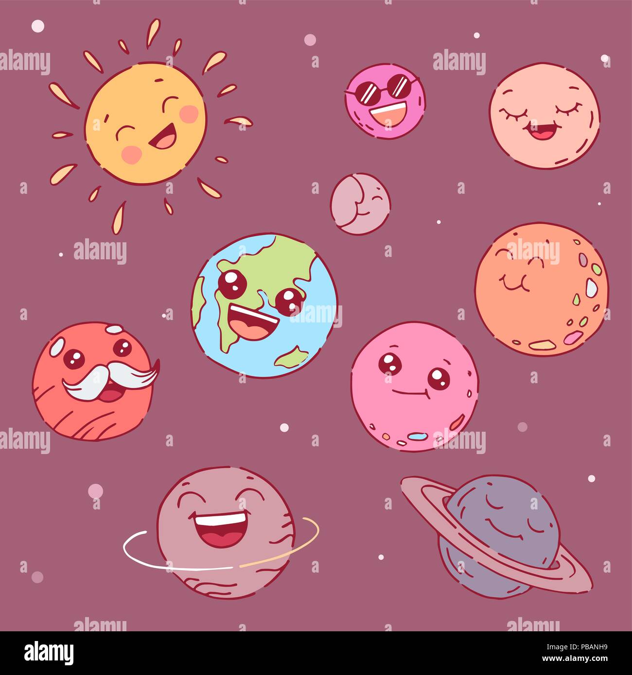 Cute cartoon planets with faces. Vector illustration Stock Vector