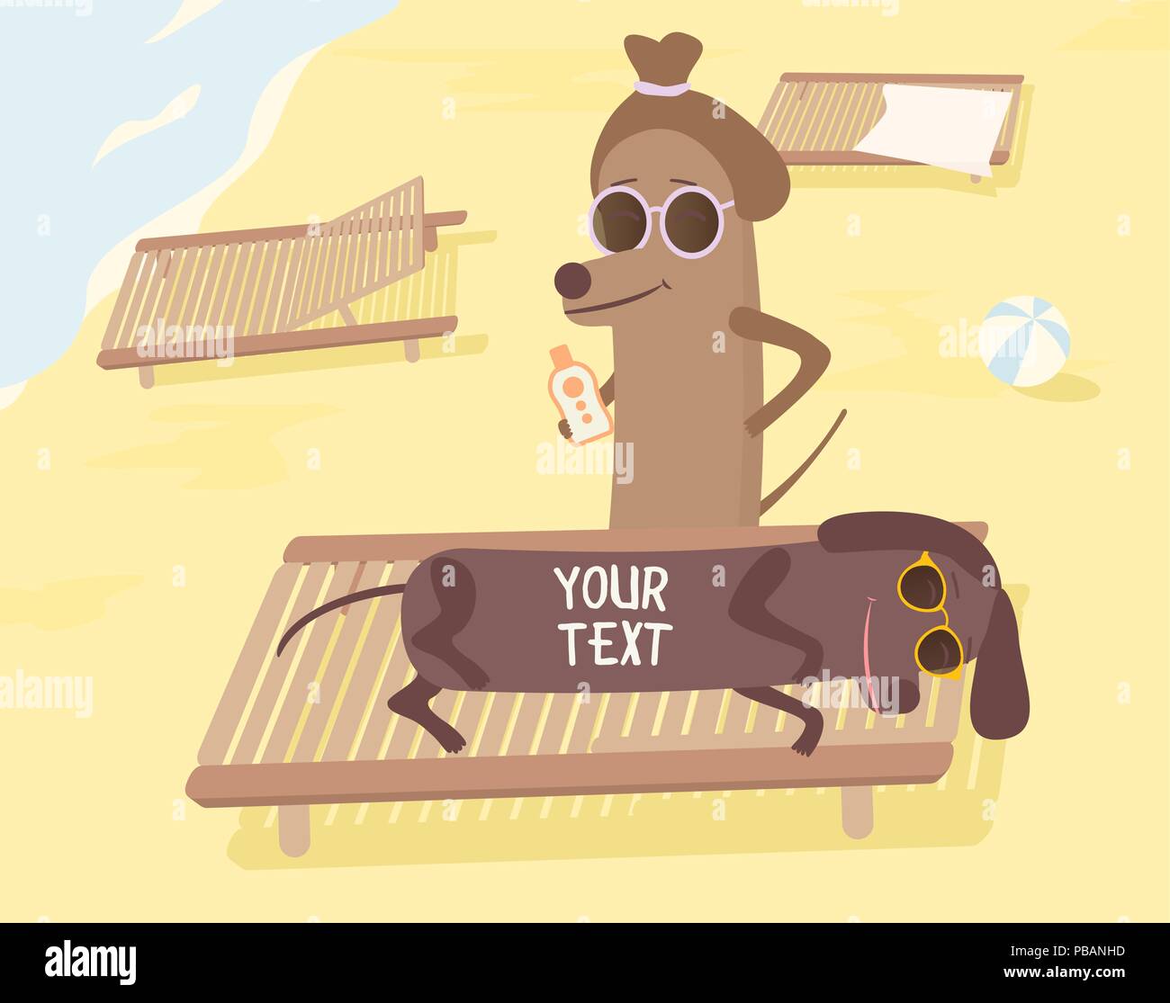Dogs on beach having summer fun. Vector illustration Stock Vector