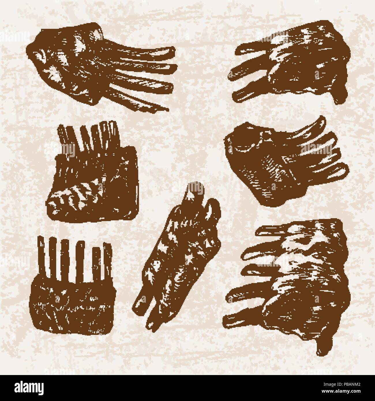 Hand drawn sketch ribs meat products set, farm fresh food, black and