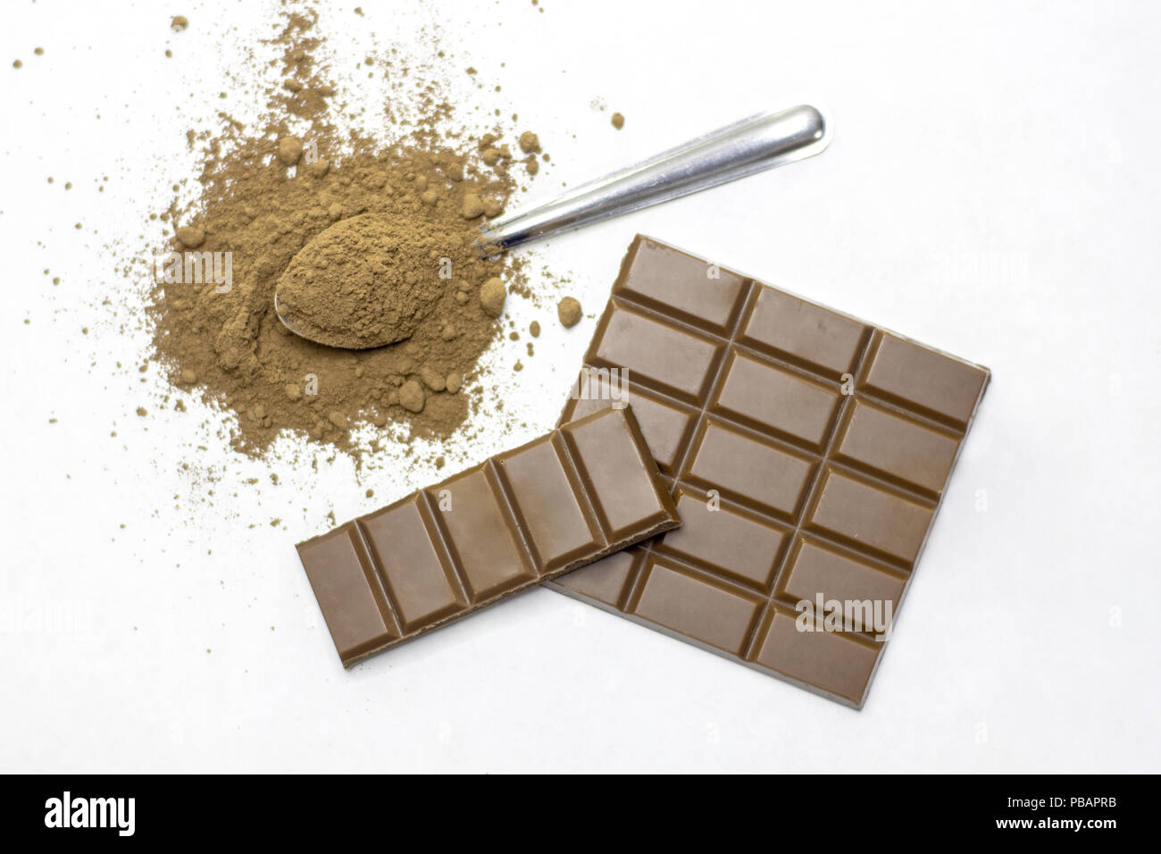 Chocolate bar pieces and cocoa powder on white background. Brown ...