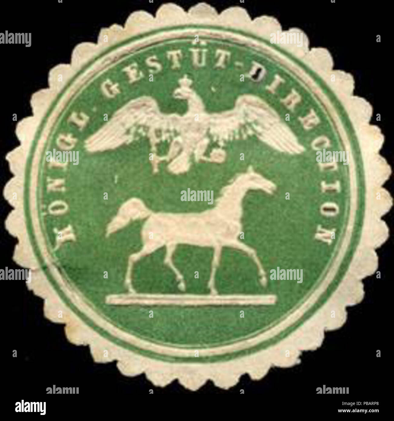 Alte Briefverschlussmarke aus Papier, welche seit ca. 1850 von Behoerden, Anwaelten, Notaren und Firmen zum verschliessen der Post verwendet wurde. 1468 Siegelmarke Königliche Gestüt - Direction W0220192 Stock Photo