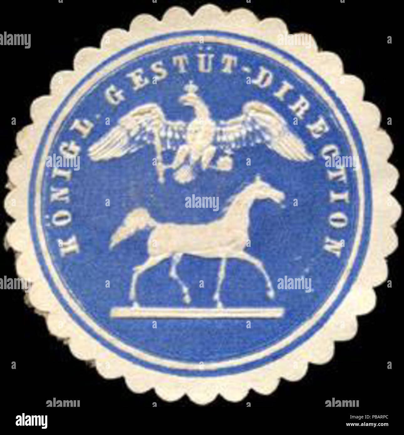 Alte Briefverschlussmarke aus Papier, welche seit ca. 1850 von Behoerden, Anwaelten, Notaren und Firmen zum verschliessen der Post verwendet wurde. 1468 Siegelmarke Königliche Gestüt - Direction W0204964 Stock Photo