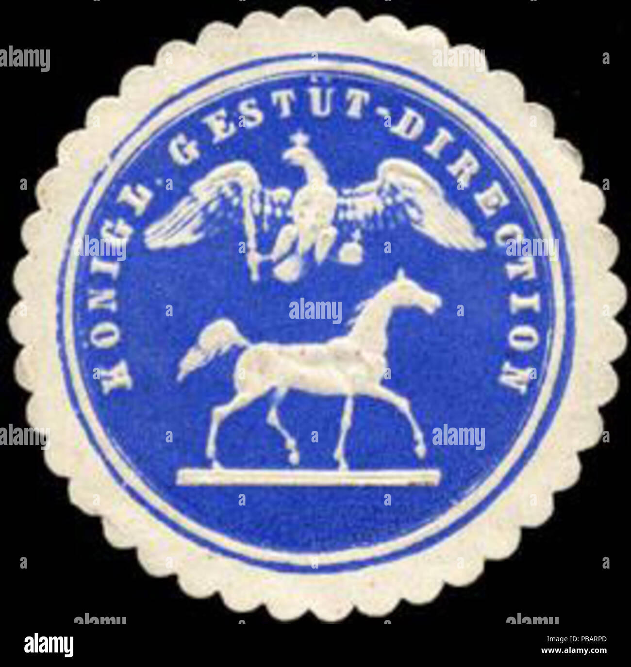 Alte Briefverschlussmarke aus Papier, welche seit ca. 1850 von Behoerden, Anwaelten, Notaren und Firmen zum verschliessen der Post verwendet wurde. 1468 Siegelmarke Königliche Gestüt - Direction W0219499 Stock Photo