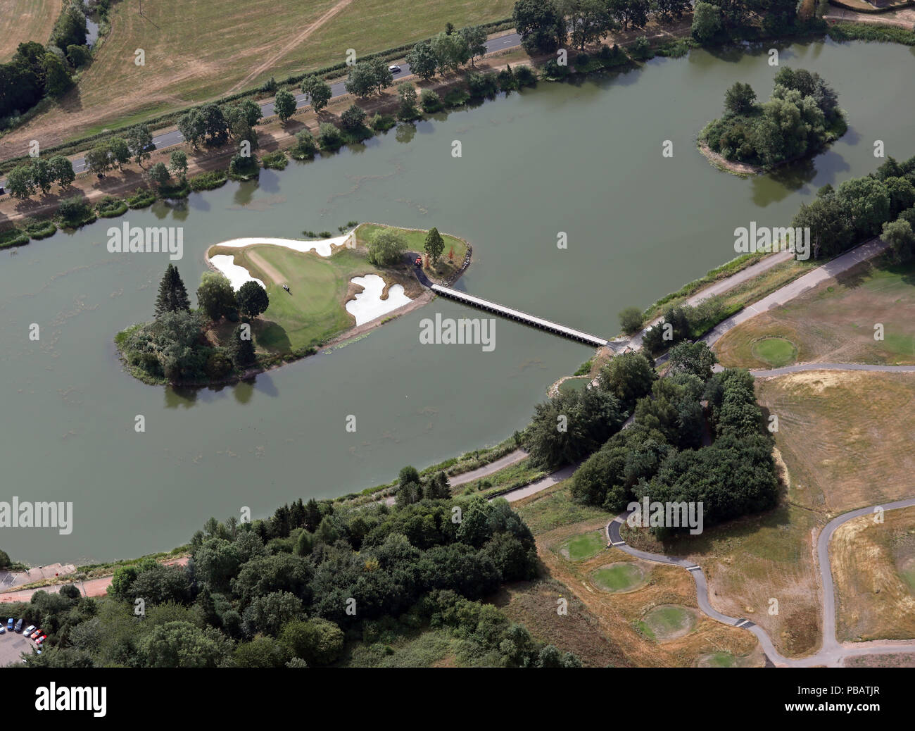 aerial view of the island hole at the JCB Gold & Country Club course near Uttoxeter Stock Photo