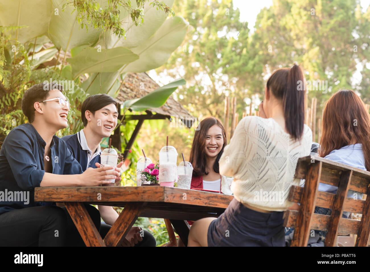Group Of Friends Hang Out In Cafe Have Fun Together Stock Photo Alamy