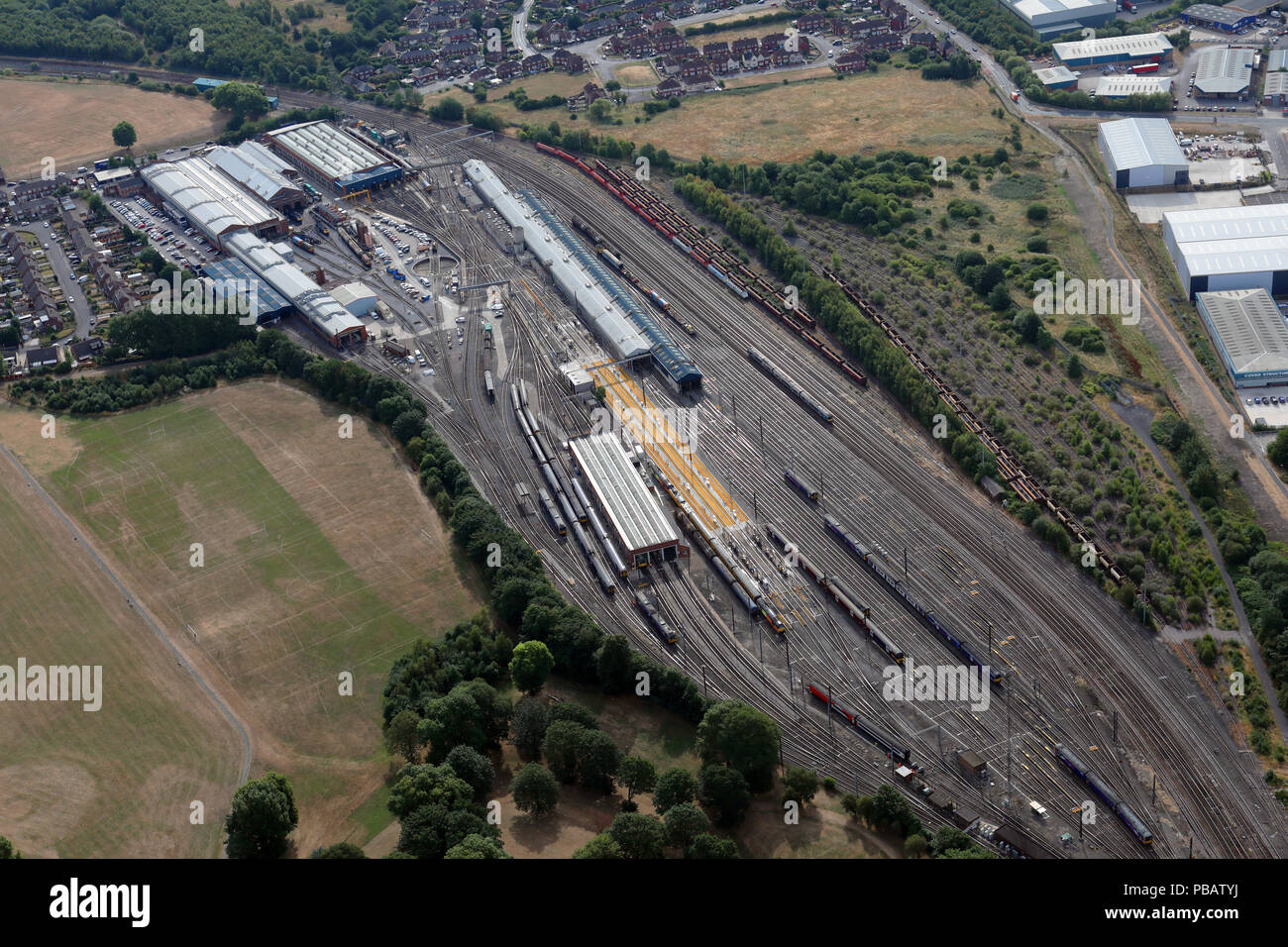 aerial view of the Neville Hill Depot buildings & railway sidings at