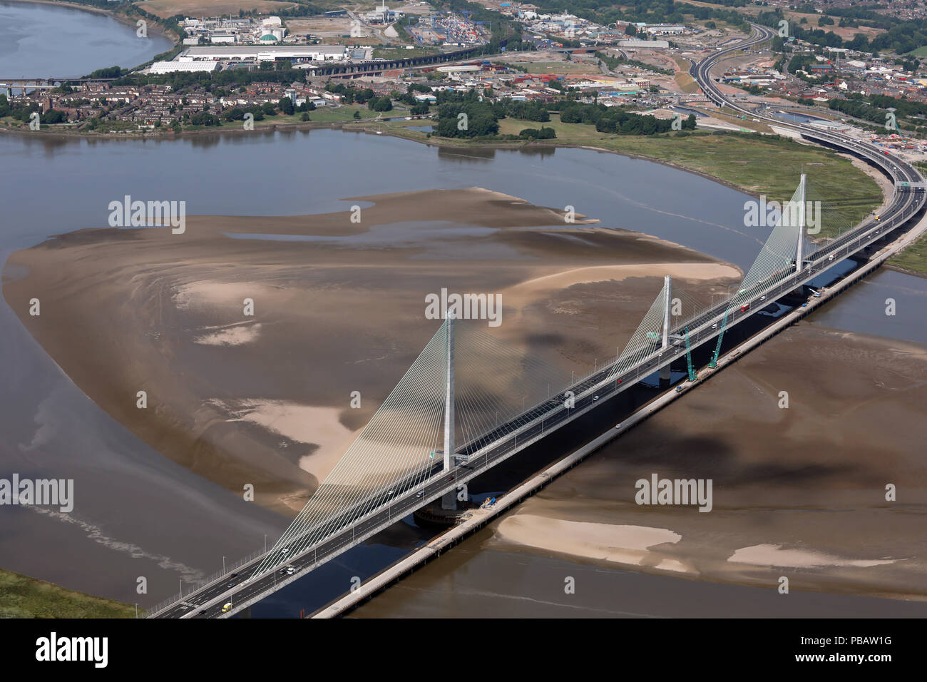 aerial view of the Mersey Gateway river crossing bridge at Runcorn, July 2018 Stock Photo