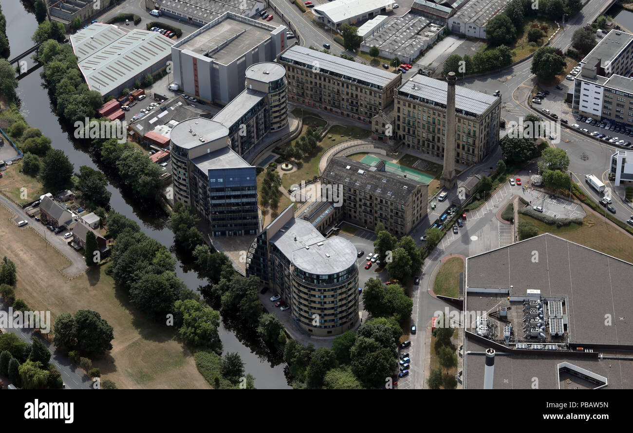 aerial view of The Weaving Shed & Vivo Hotel near Saltaire, Shipley, Bradford, West Yorkshire Stock Photo