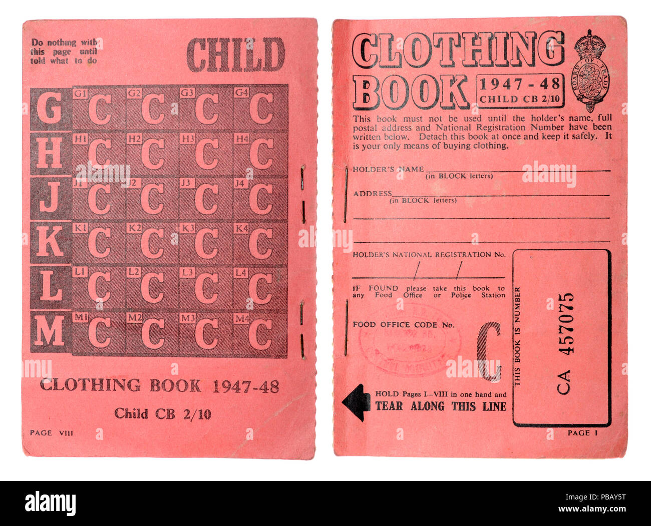 Child's Clothing Ration book in use after World War Two (1947-48) to cope with post war shortages Stock Photo