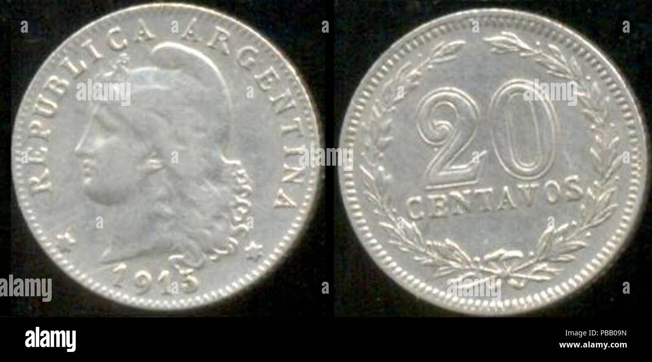 1054 Moneda 20 centavos - Peso Moneda Nacional - 1915 - Argentina Stock Photo