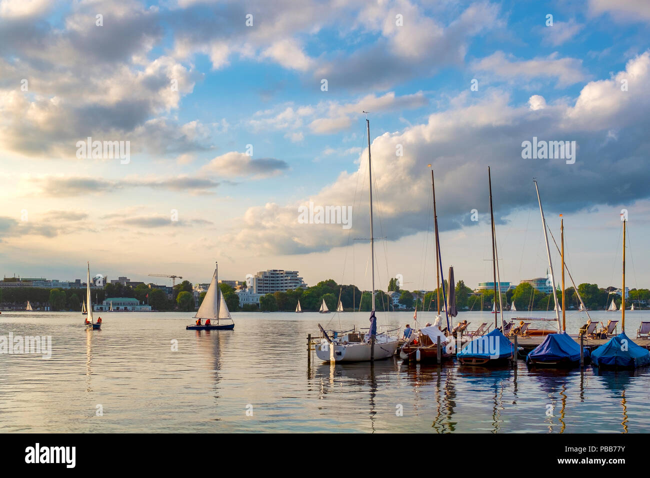Sunset on the Outer Alster Lake, Hamburg, Germany Stock Photo ...