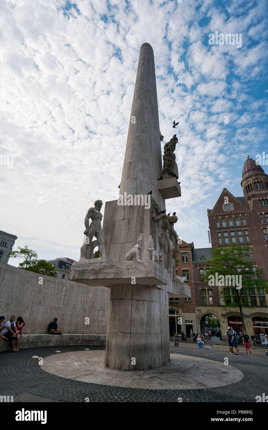 The Dam Square, the National Monument and the Royal Palace Amsterdam Stock Photo