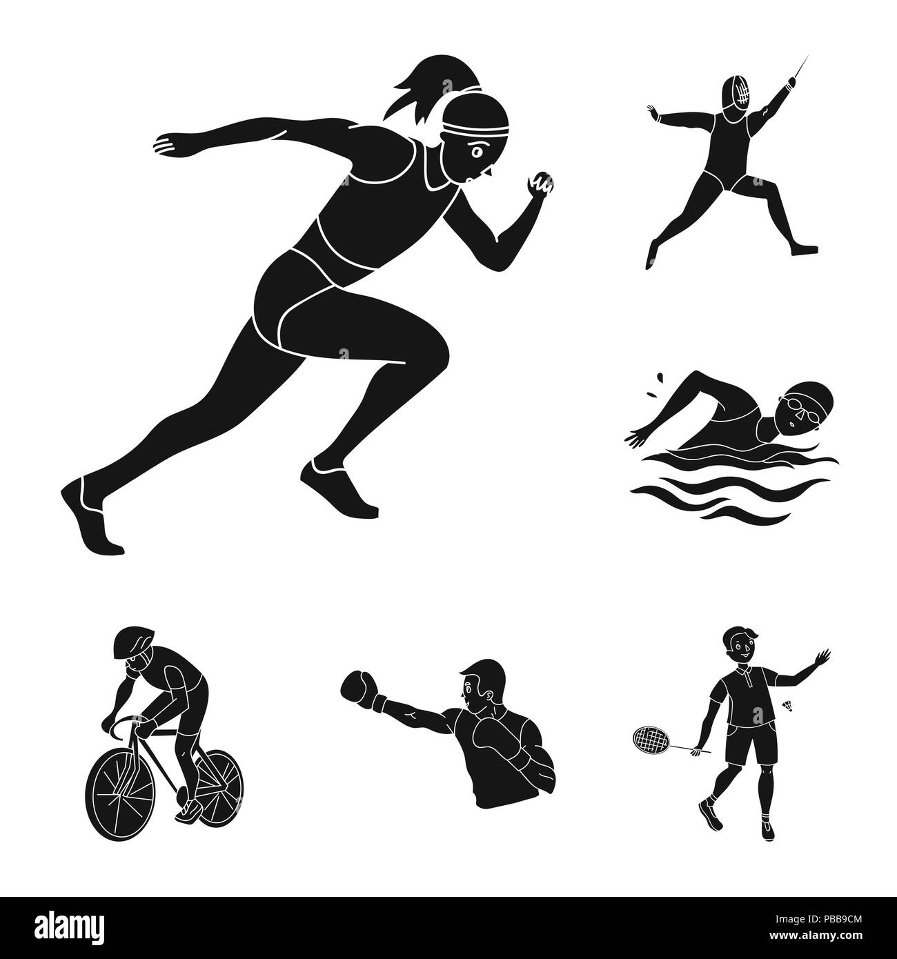 Different kinds of sports black icons in set collection for design. Athlete, competitions vector symbol stock  illustration. Stock Vector