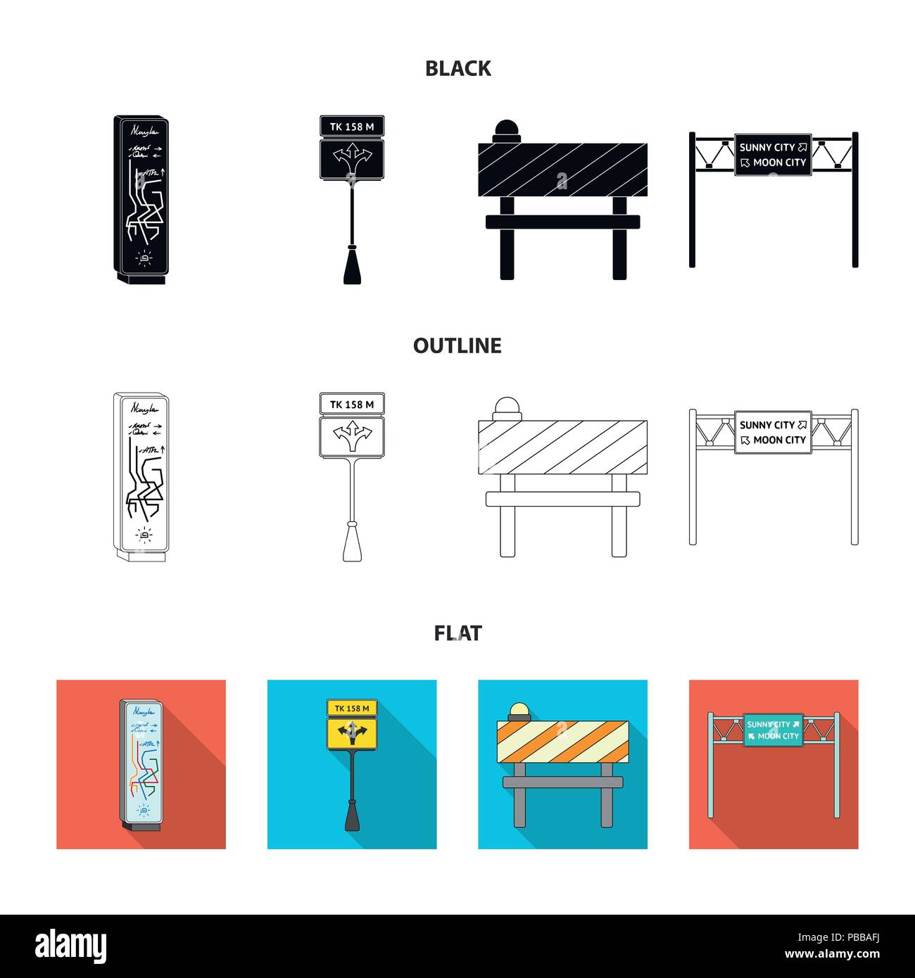 Stands and Signs and other icon in black,flat,outline style.Limiters of ...
