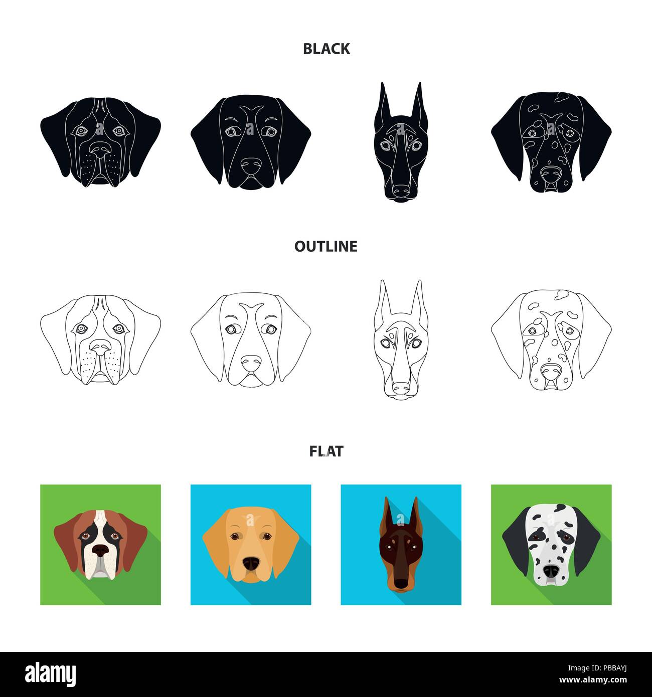 Muzzle Of Different Breeds Of Dogs Dog Of The Breed St Bernard Golden Retriever Doberman Dalmatian Set Collection Icons In Black Flat Outline Styl Stock Vector Image Art Alamy