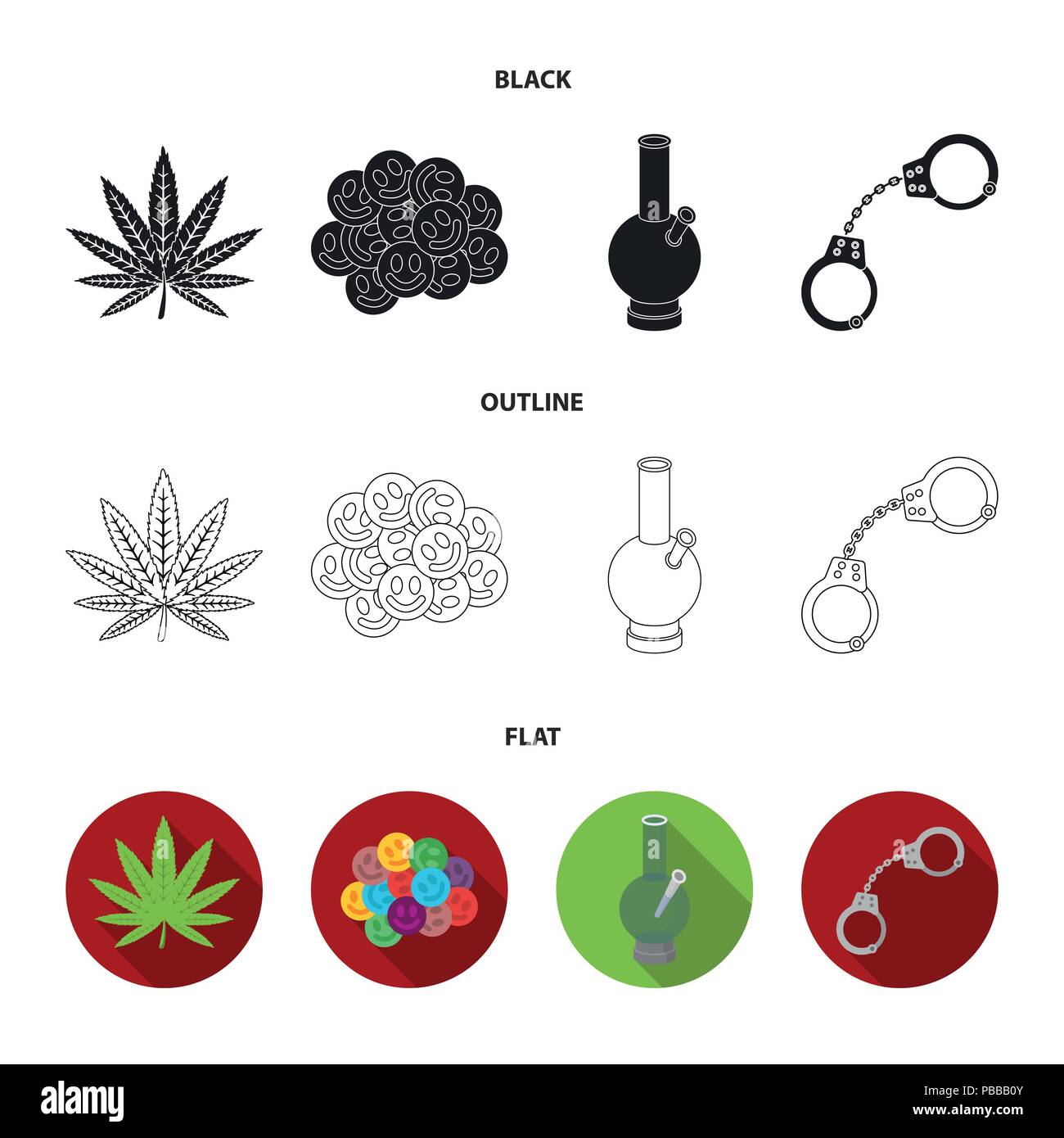 Hemp leaf, ecstasy pill, handcuffs, bong.Drug set collection icons in ...