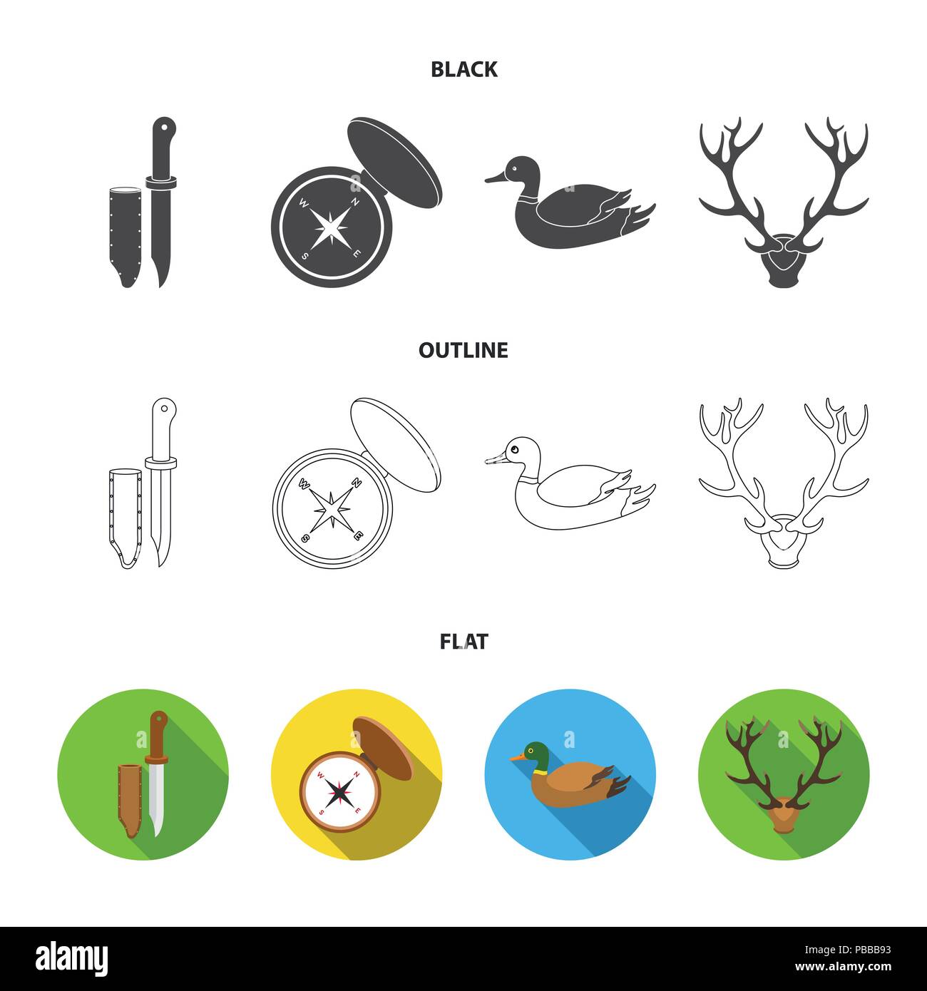 Knife with a cover, a duck, a deer horn, a compass with a lid.Hunting set collection icons in black,flat,outline style vector symbol stock illustratio Stock Vector