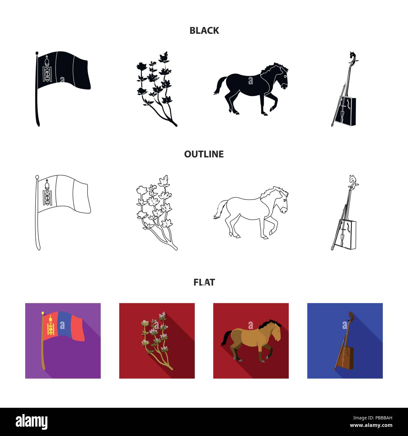 National flag, horse, musical instrument, steppe plant. Mongolia set ...
