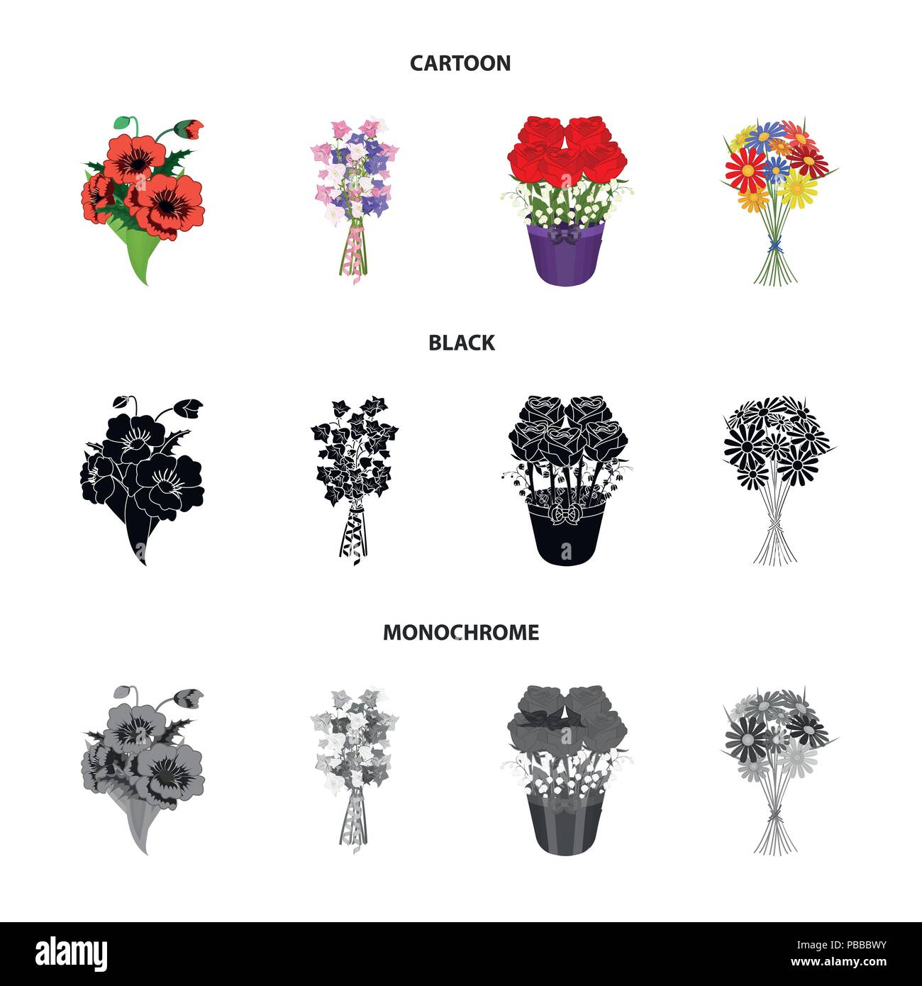 A bouquet of fresh flowers cartoon,black,monochrome icons in set ...