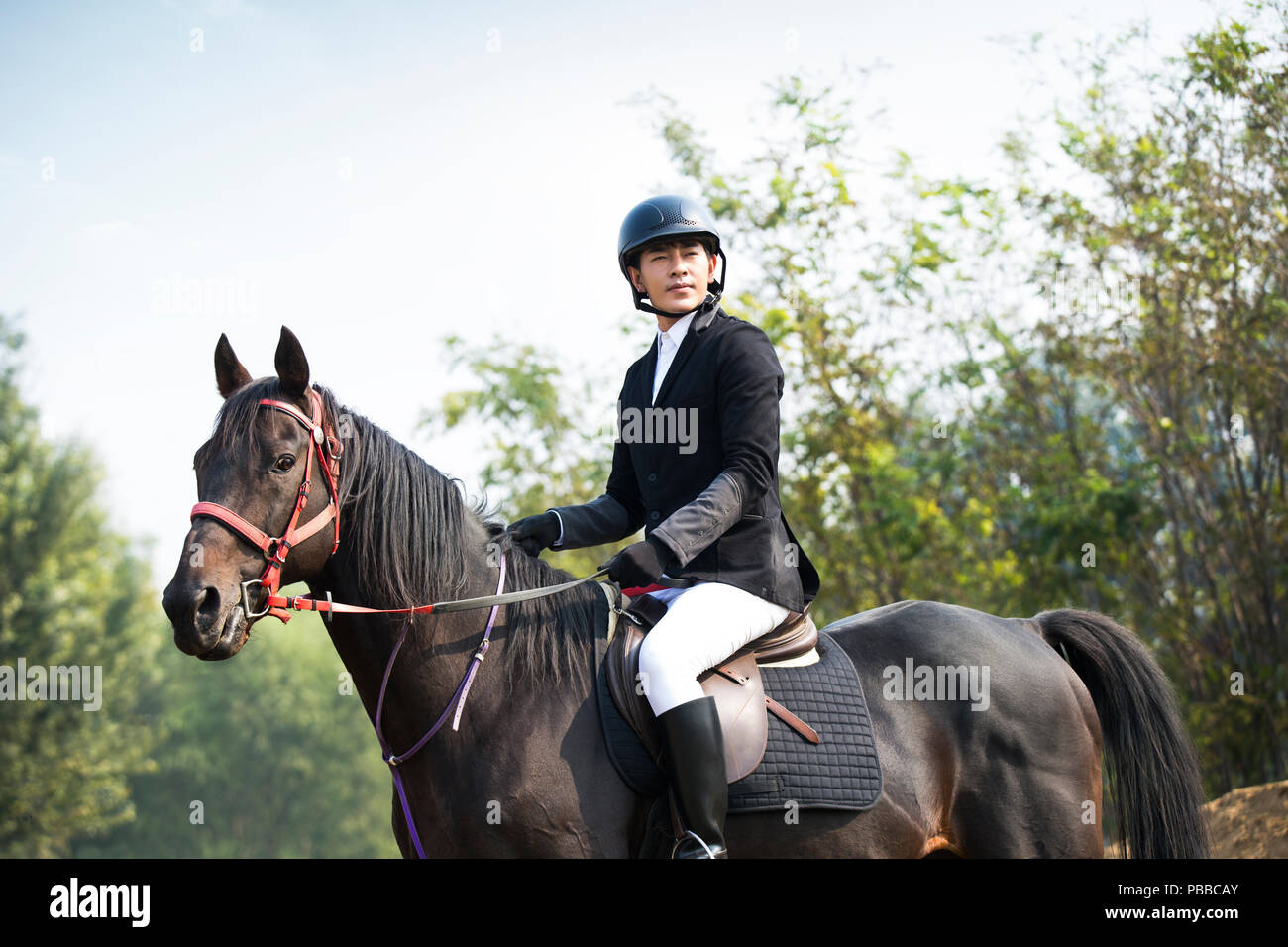 Young Chinese man riding horse Stock Photo - Alamy