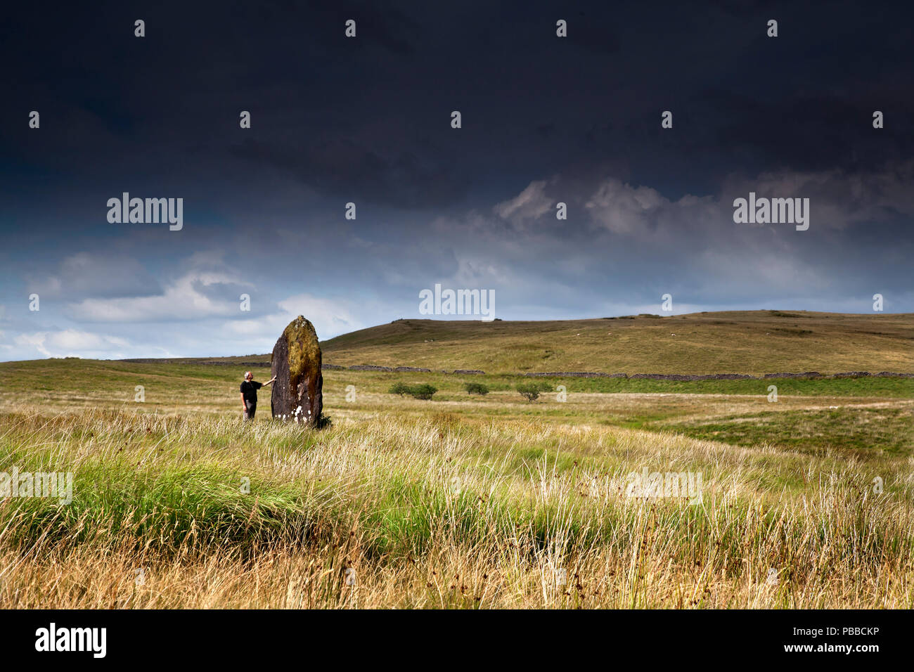 Maen Llia standing stone in the Brecon Beacons National Park, Wales, UK  moody with copy space mid distance Stock Photo