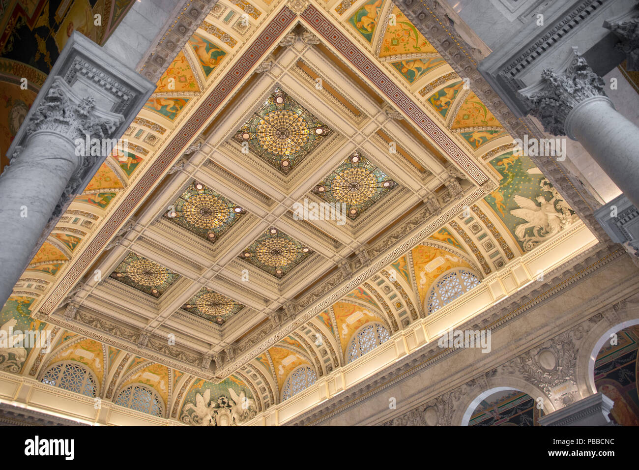 Ornate ceiling of the Great Hall of the Thomas Jefferson Building of ...